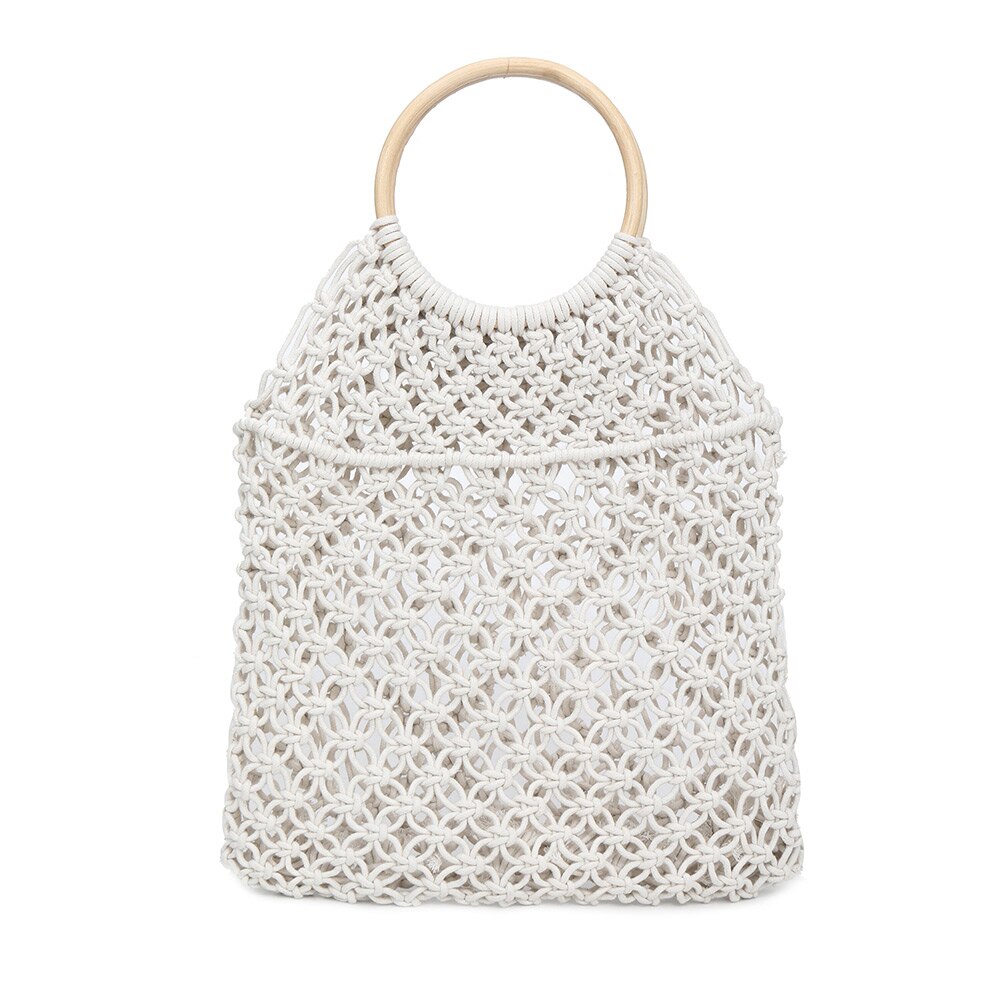 Women Handbag Handmade Straw Woven Round Handle Ring Large Capacity Summer Beach Bags -B5: White