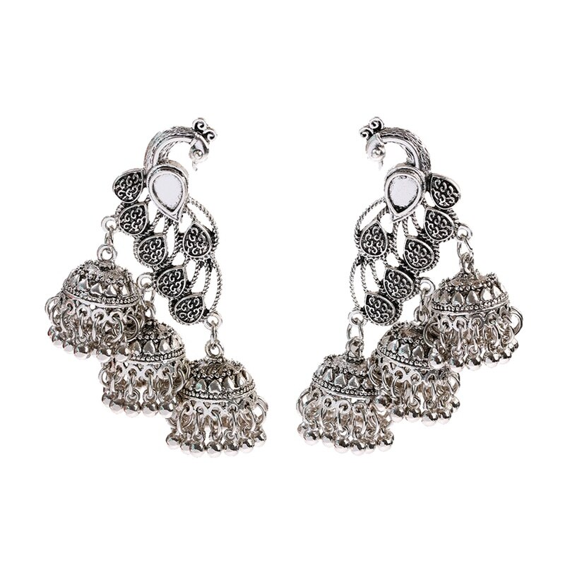 Retro Bollywood Geoxideerd Gypsy Sieraden Vrouwen Etnische Gold Afghaanse Birdcage Lange Keten Kwastje Pauw Gesneden Jhumka Indiase Oorbellen: Sliver