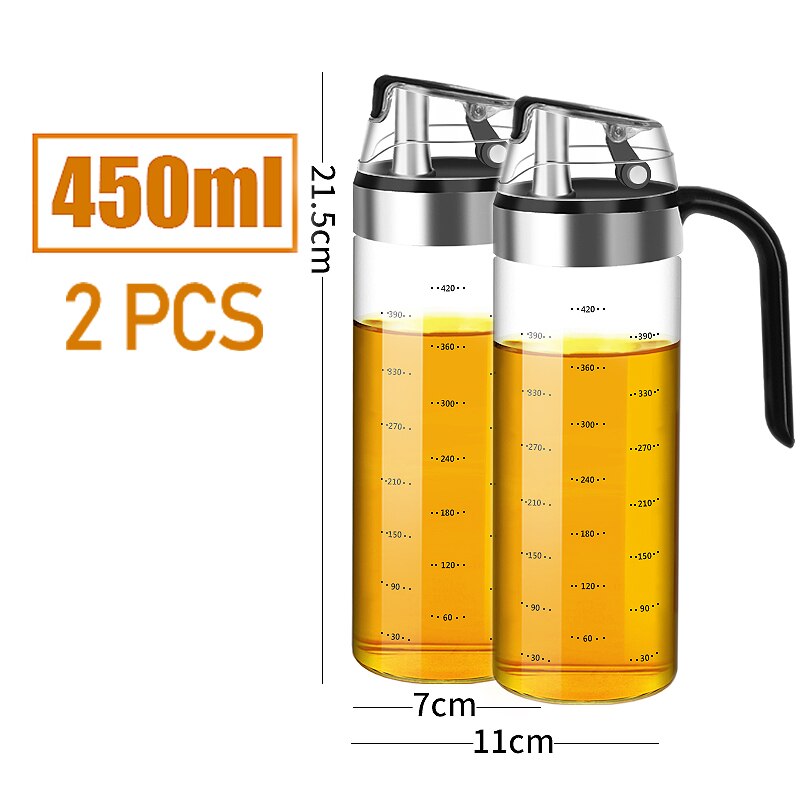 Grande Bouteille en Verre à Rabat et Bouchon Automatique, Distributeur d'Huile d'Olive, Conteneur de Condiments, Cruet Étanche de Vinaigre: 450ML 2pcs