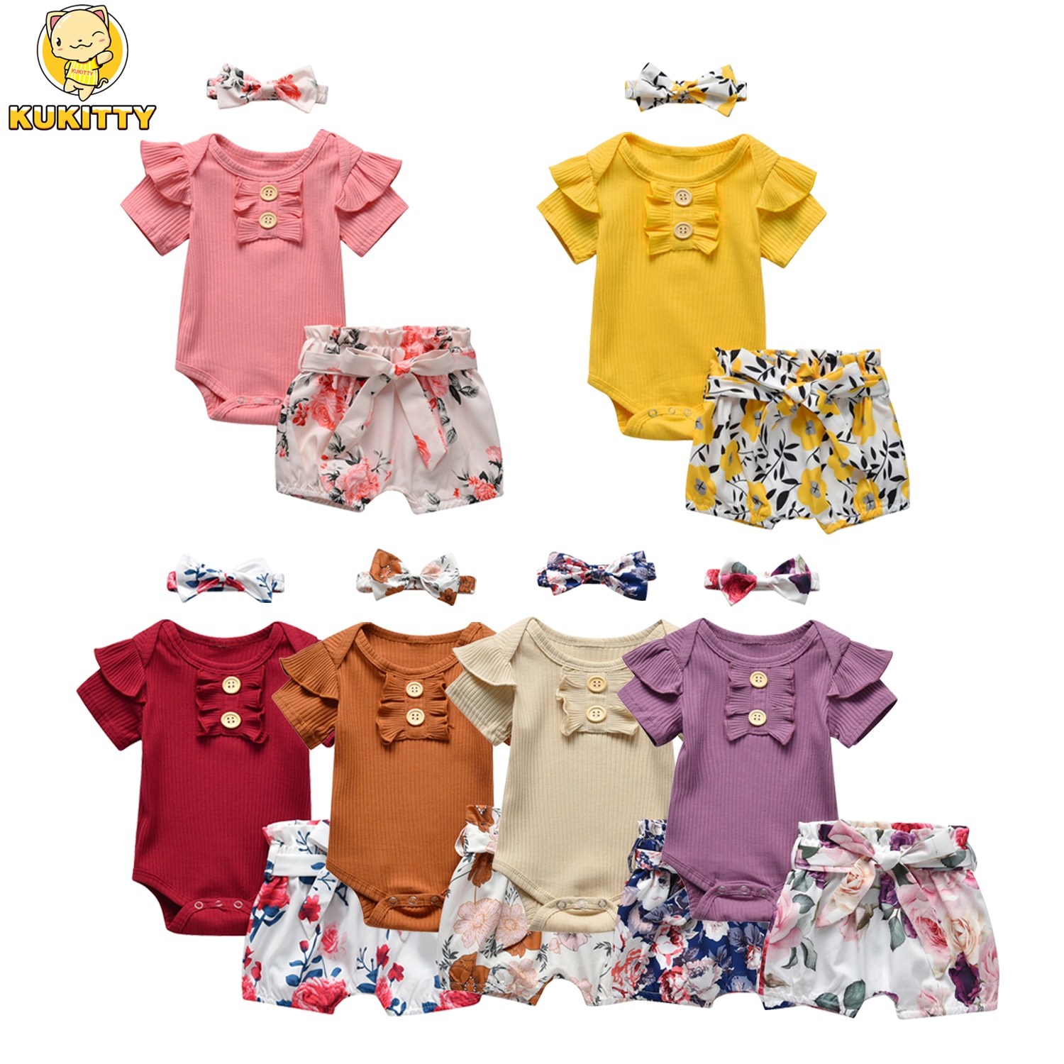 3 -teiliges sommer-kleidungsset für mädchen: einfarbiger kurzarmbody für neugeborene + kurze Hose mit blumenmuster + stirnband