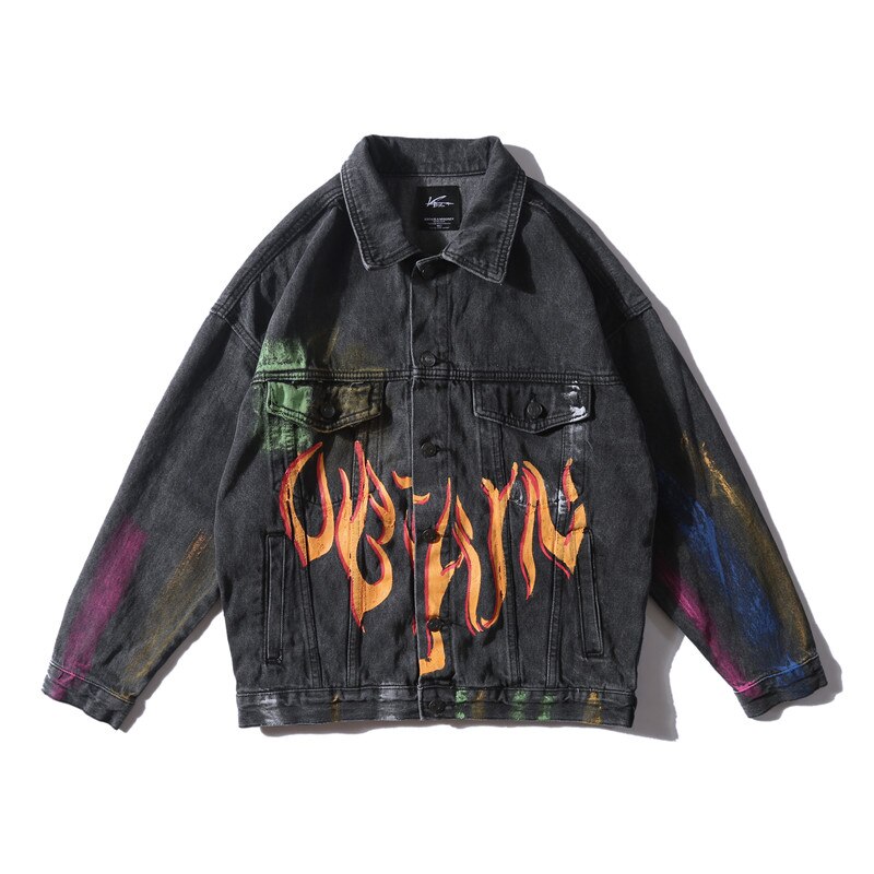 Hand Verf Rainbow Graffiti Vlam Print Denim Jassen Streetwear Hip Hop Casual Bomber Jean Jacket Jassen Tops: Smoky gray / M