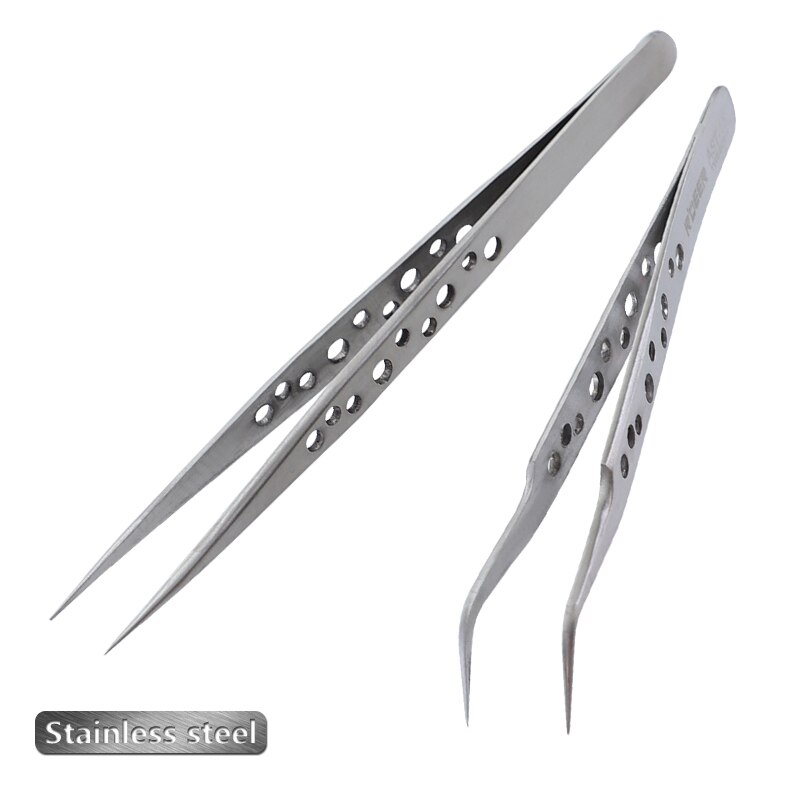 Juego de pinzas de precisión de acero inoxidable, pinzas antiestáticas de punta recta curvada, herramienta de reparación electrónica, 1 Juego
