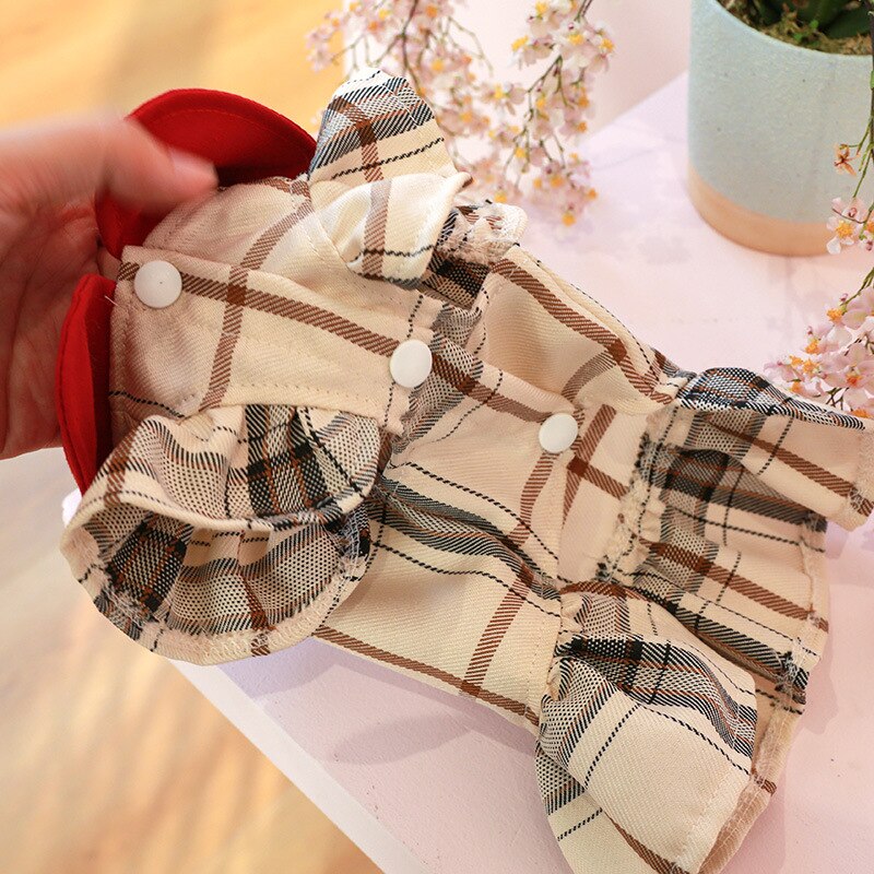 Princess Spring Dog Dress Plaid Butterfly Bow Button Closure Clothes for Dogs Harness D-Ring Attachment