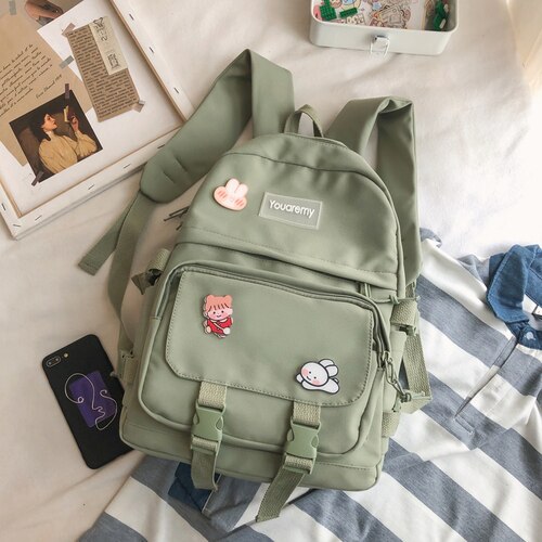 Femminile Rosa Carino Zaino Donne di Scuola di Nylon Impermeabile Zaini per Ragazzi di Grande Capacità Zainetto Harajuku 2020 Nuovo Bookbags: green without toy