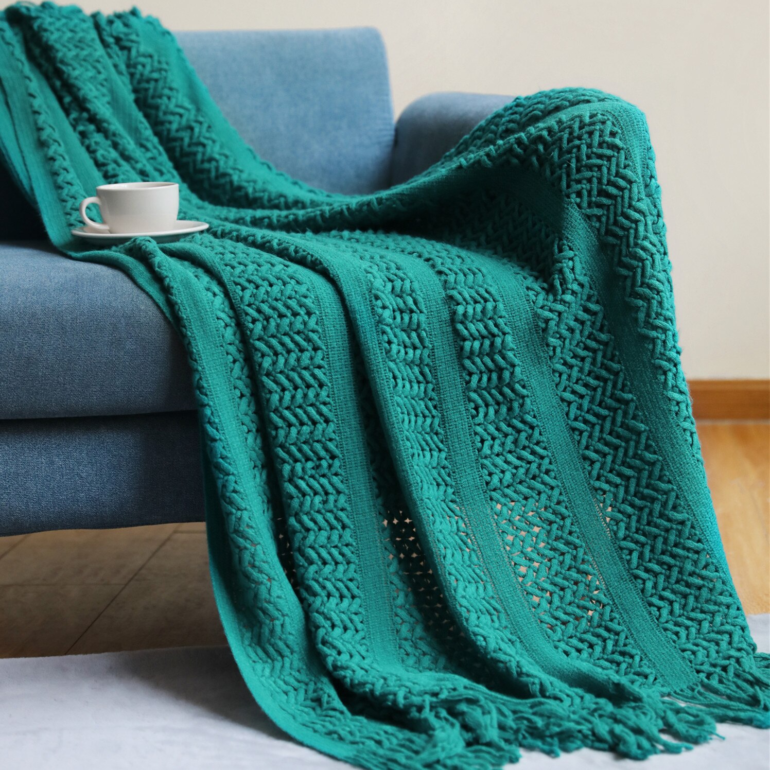 Couverture nordique tricotée à franges, plaid de voyage pour canapé, jaune, bleu, rose, vert: green / 130x200cm