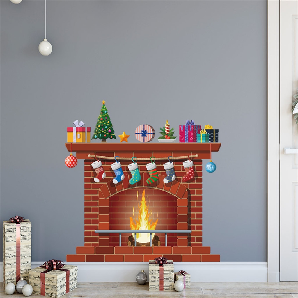 Christmas Fireplace Print Wall Sticker Wall Affixed With Decorative Window Decoration Wall Wallpaper Year