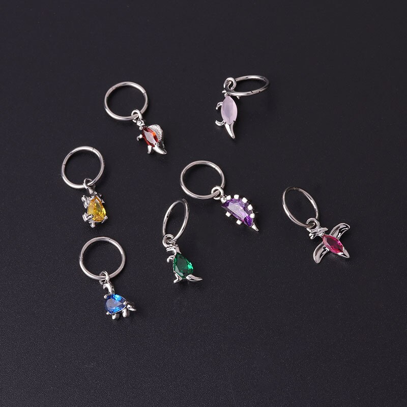 1Pc Kleurrijke Zirkoon Dinosaurus Dangle Oorbellen Voor Vrouwen Mode-sieraden Rvs Ronde Kraakbeen Piercing Oorbel