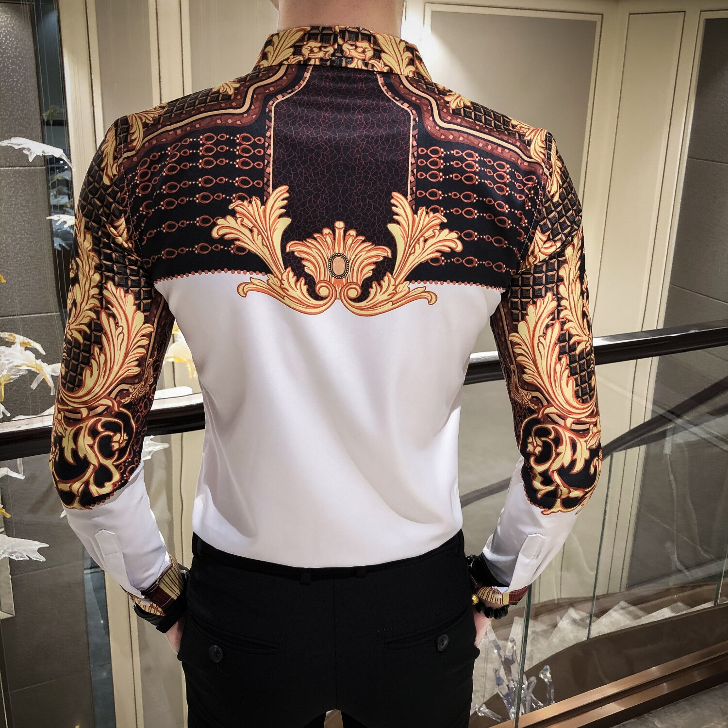 Black Gold Baroque Shirt Men Slim Fit Camisas Para Hombre Paisley Pattern Shirt Men Camisa Social Masculina Long Sleeve Shirt