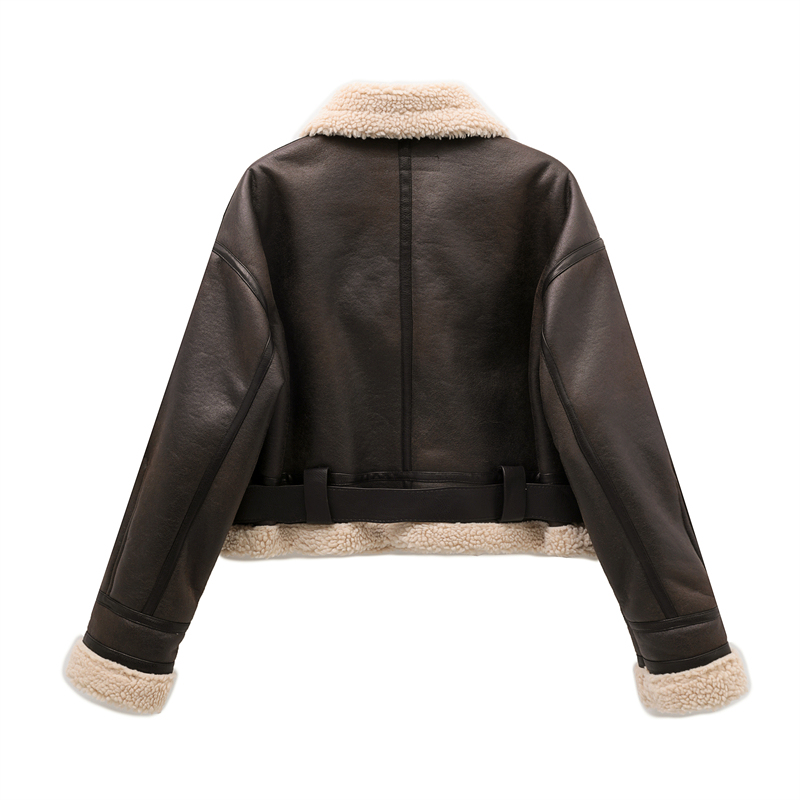 ZVRI 2023 Vrouw Mode Dikke Warme Faux Shearling Jasje Vintage Lange Mouw Riem Zoom Vrouwelijke Outerw