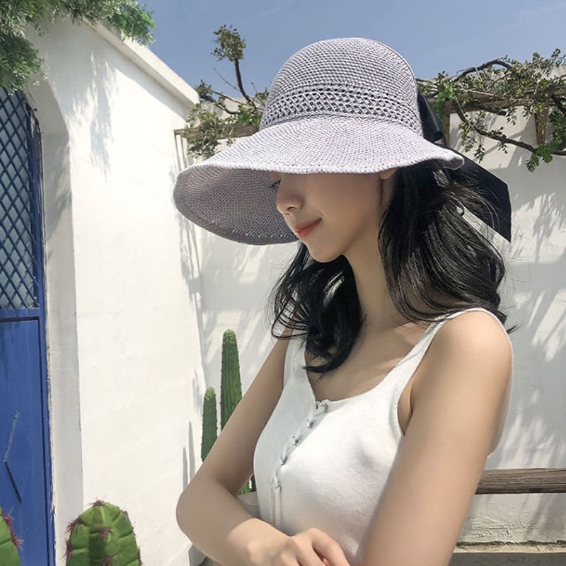 Luna&delfin kvinnor sommar solhatt strand hopfällbar hatt svart rosett khaki solskyddsmedel temperament platt stor brätte halmhattar utomhus
