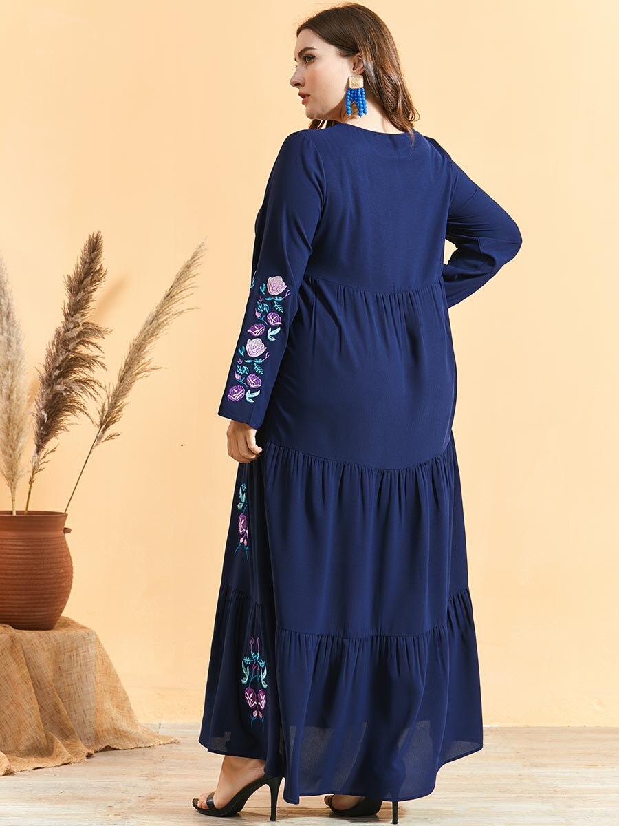 Herfst Winter Jurk Plus Size Vrouwen Lange Mouwen Borduren Bloemen Elegante Jurk Losse Oversized Maxi Lange Moslim Jurk