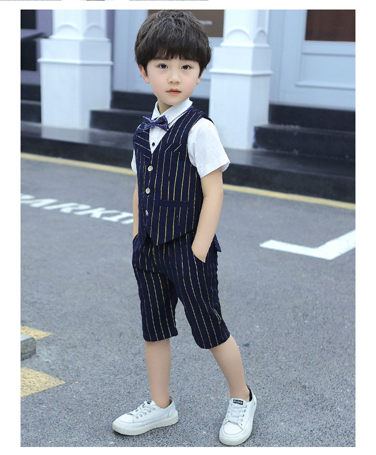 Costume à rayures pour garçon, 4 pièces, gilet + short + nœud papillon + chemise, tenue formelle, costumes de fête de mariage, tenue de smoking d'anniversaire