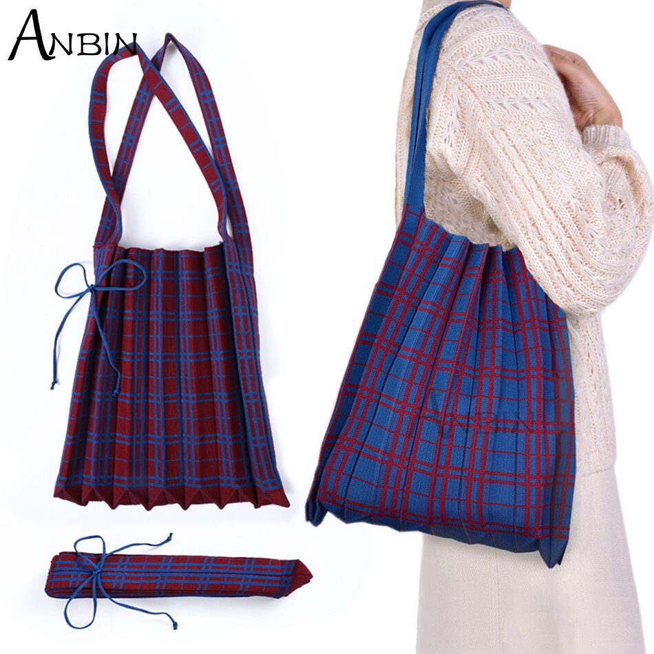 Vrouwen Gebreide Wol Schoudertas Contrast Kleur Gecontroleerd Eenvoudige Studenten Doek Winter Warm Wollen Winkelen Handtassen Tote