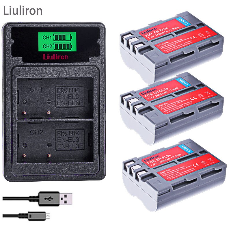 4X 7.4V 2400MAH EN-EL3E EN EL3e ENEL3e EL3 Battery + LCD CHARGER For Nikon D300S D300 D100 D200 D700 D70S D70 D80s D80 D90 D50: charger and 3battery