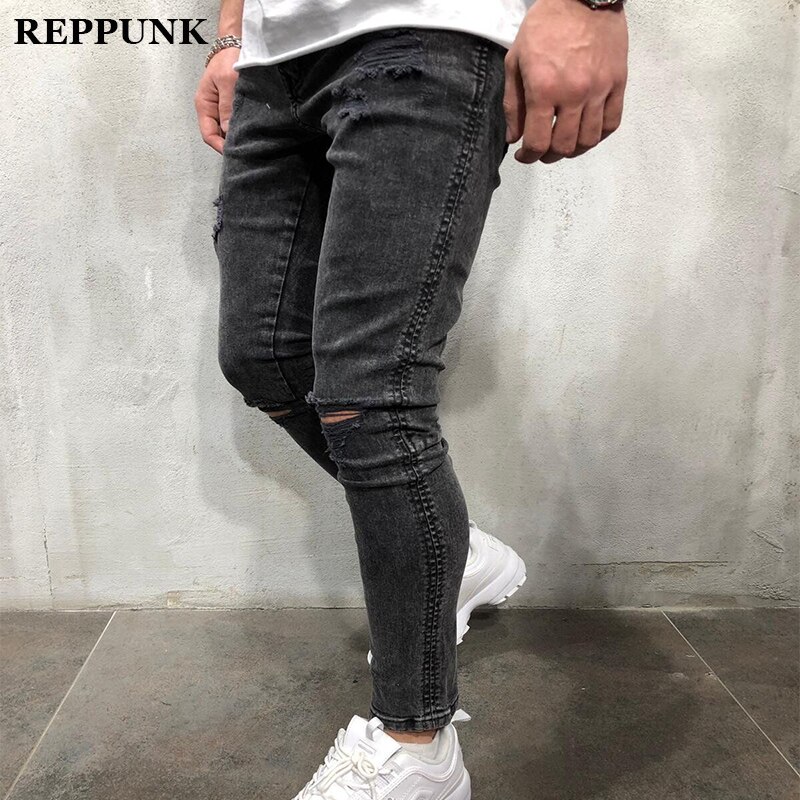 Mænd skinny jeans revet hul biker denim blyant bukser grå stram ødelagt flosset pasform slanke streetwear mandlige bukser