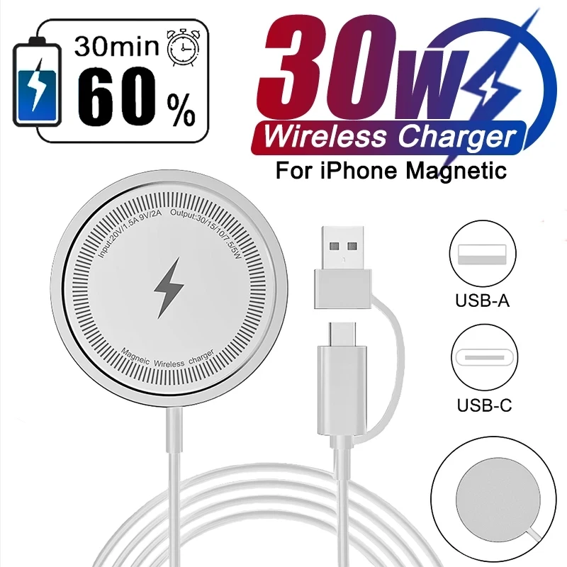Tappetino caricabatterie wireless magnetico da 30 W per Macsafe iPhone 15 14 13 12 Pro Max Mini caricabatterie per stazione dock di ricarica wireless veloce