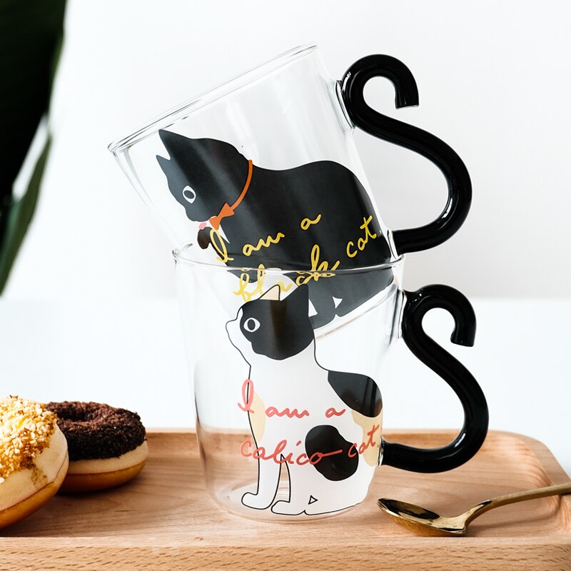 250ML Cute Cat Glass Juice Coffee Cup Milk Tea Coffee Glass Mug Cat Tail Handle Cat Valentine's Day Lover Stainless Spoon
