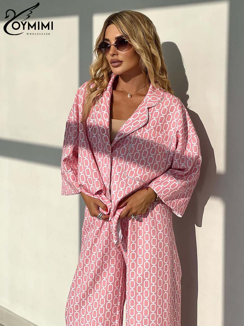 Oymimi casual rosa conjuntos de impressão das mulheres 2 peças moda solta três quartos manga bolsos camisas e calças retas conjuntos femininos