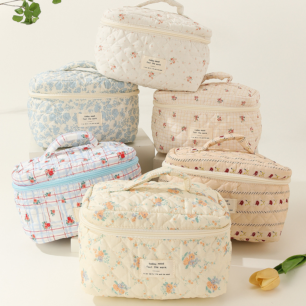 3pcs/set Ladies Quilted Cotton Storage Bag Aesthetic Printed Makeup Bag Women's Large Capacity Toiletry Organizer Cosmetic Pouch