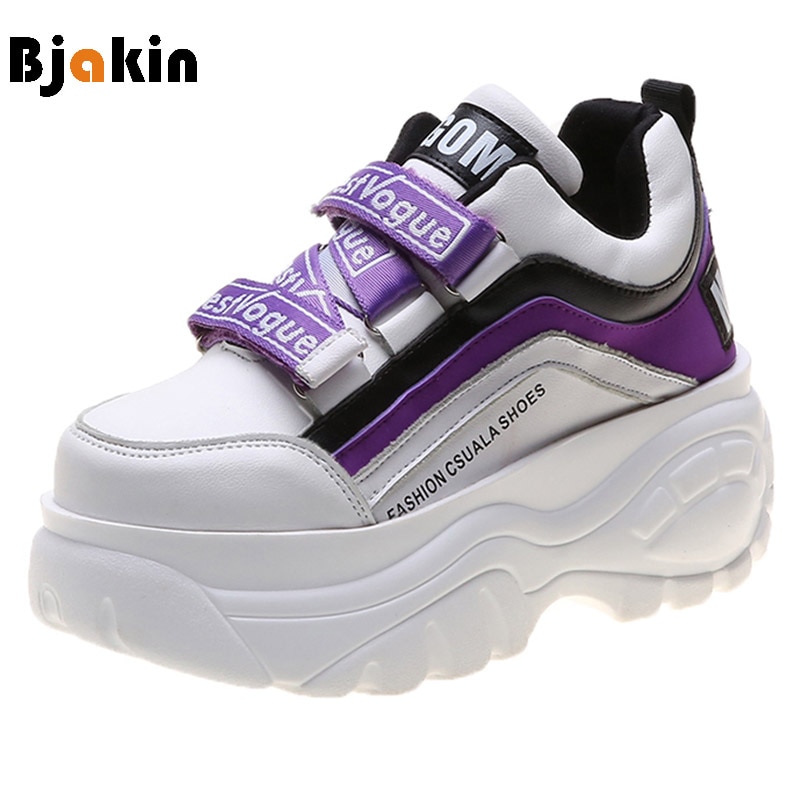 Women's Platform Sneakers - 7cm Heel Height - PU Leather - Lace-Up - Height Increasing Sport Shoes