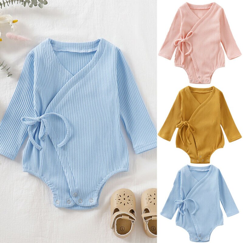 Lioraitiin nova moda recém-nascidos crianças do bebê meninas meninos quimono sólido macacão de algodão manga longa macacão de algodão outfits