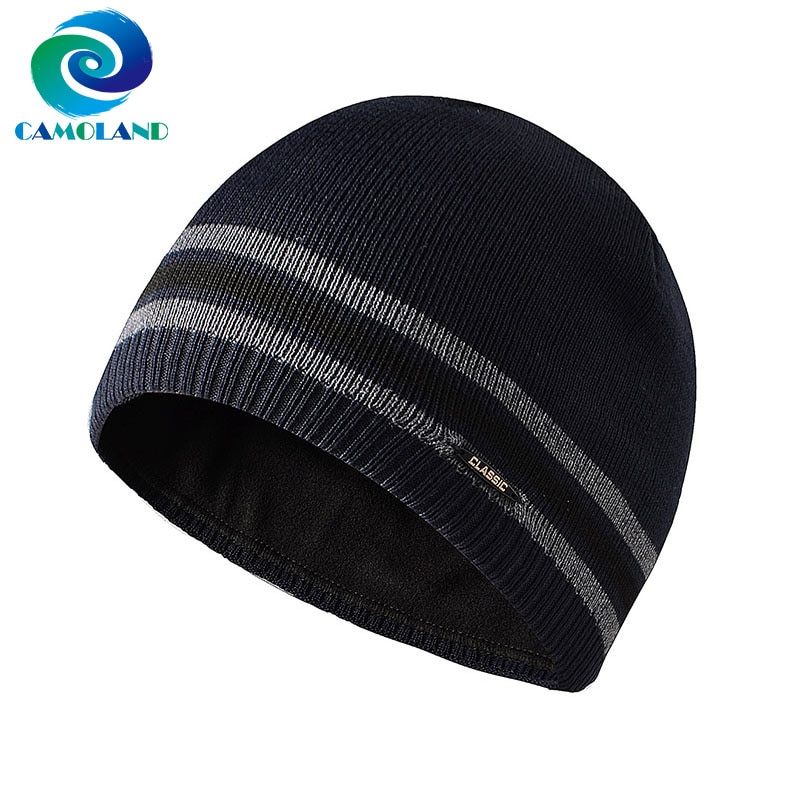 CAMOLAND Winter Plus Fleece Beanies For Men Women Striped Skullcap Warm Knitted Hat Male Sports Hedging Caps