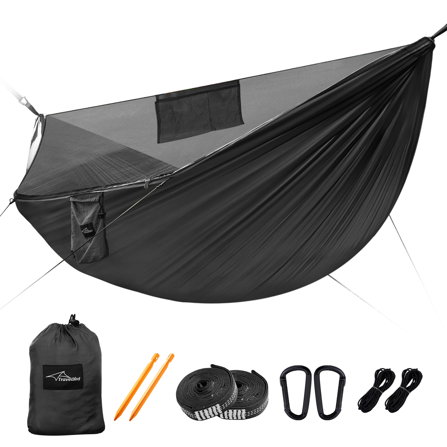 Ultraleichte Outdoor-Hängematte mit Ridgeline, Camping-Hängematte aus Nylon mit Baumgurt, ideal für Camping, Wandern, Rucksackreisen: Black