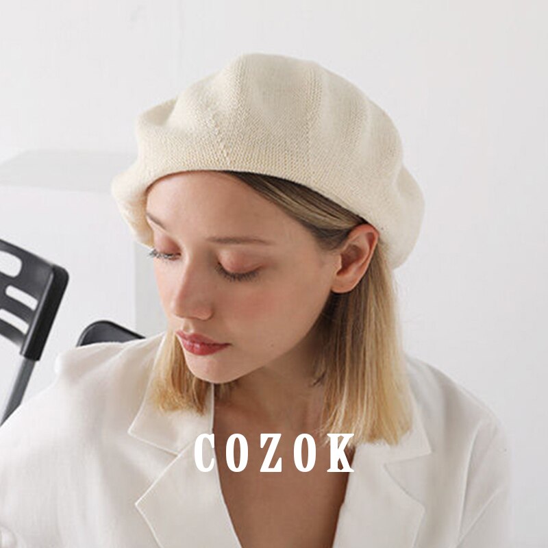 Boinas de punto para mujer, boina a la , suave, Flexible, sólido, cálido, Vintage, para invierno: Blanco