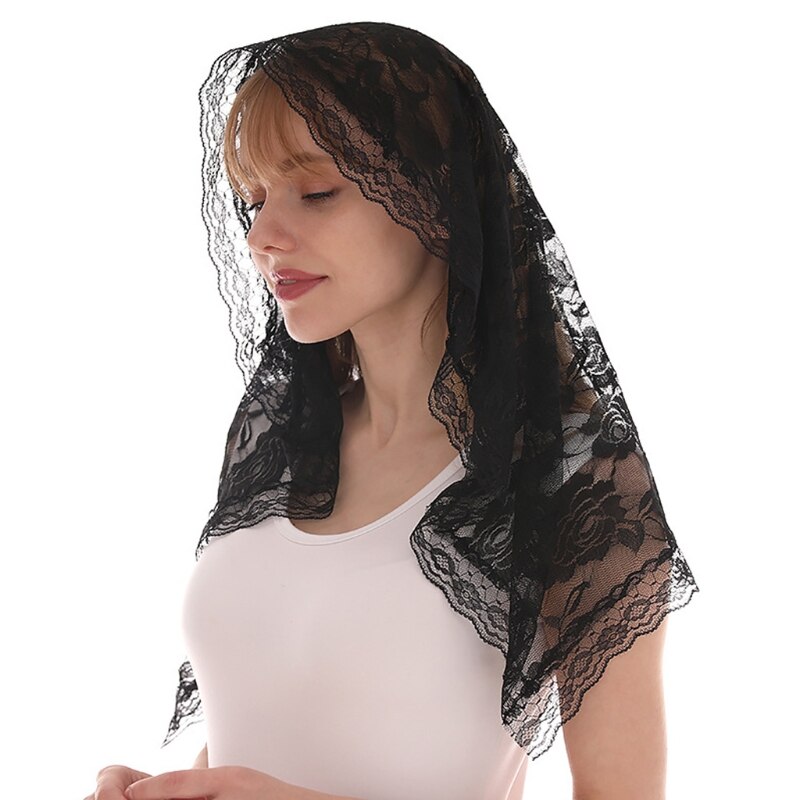 Velo de Mantilla Vintage tradicional de encaje de estilo español, bufanda para cubrir la cabeza de masa Latina para Iglesia Católica, forma de arco: bk
