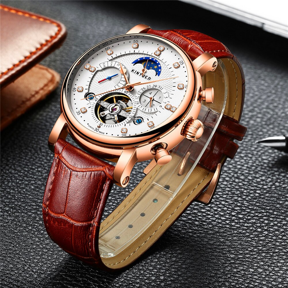 KINYUED-reloj mecánico totalmente automático para hombre, de , informal, totalmente funcional, Tourbillon, de negocios, luminoso, resistente al agua, J025