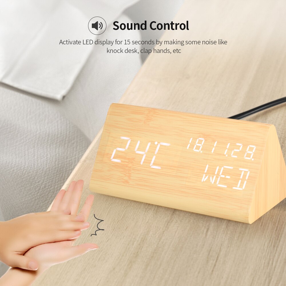 Wooden LED Alarm Clock Sound Control Digital Alarm Clock USB/Battery Powered Dimmer Thermometer Clock with 3 alarm Weekday Alarm