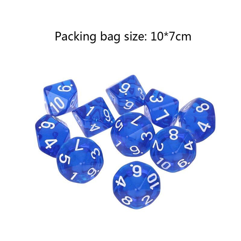 10pcs/set Acrylic Polyhedral Dice Transparent Colors 10 Sided Dices Table Board Playing Game for Bar Pub Club Party D0LB