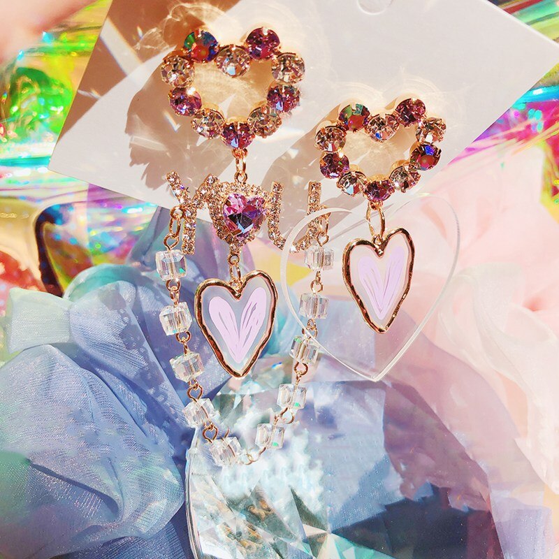 MENGJIQIAO Korean Acrylic Heart Asymmetric Rhinestone Earrings For Women Girls Crystal Pendientes