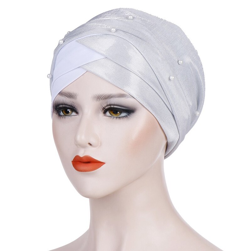 Shiny Pearl Head Scarf for muslim women turban bonnet hijab Caps white pearl Inner hijabs femme musulman arab wrap turbantes: White
