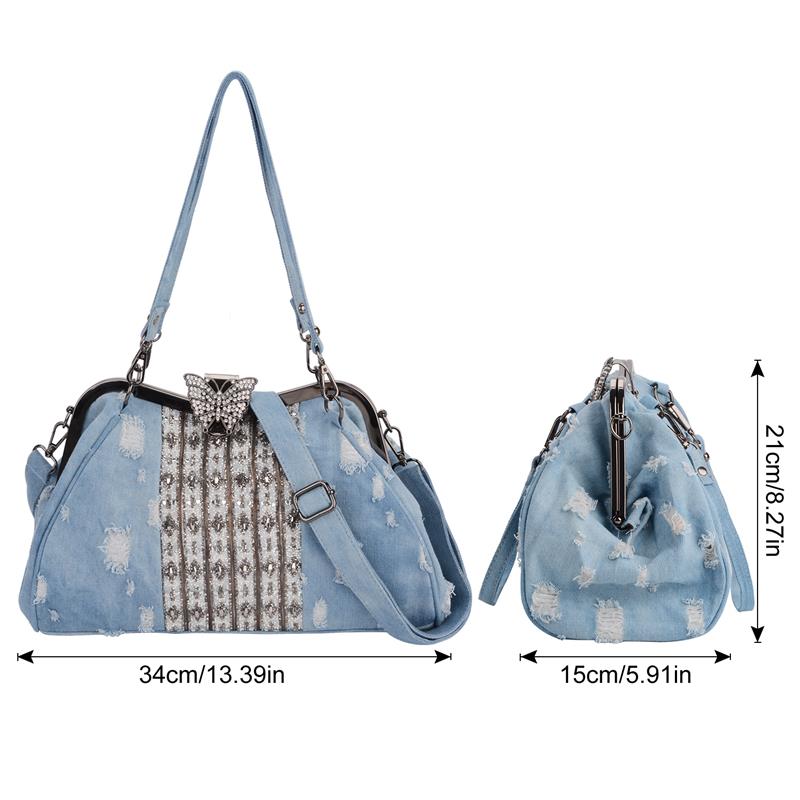 Denim strass cristal femmes sac à main poignée supérieure papillon décoration Patchwork sacs femmes sac à bandoulière embrayage
