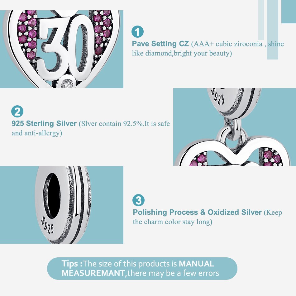 BELAWANG European 100% 925 Sterling Silver Heart 30 Years Age CZ Charms Fits Brand Bracelets Pendant For Women DIY Fine Jewelry
