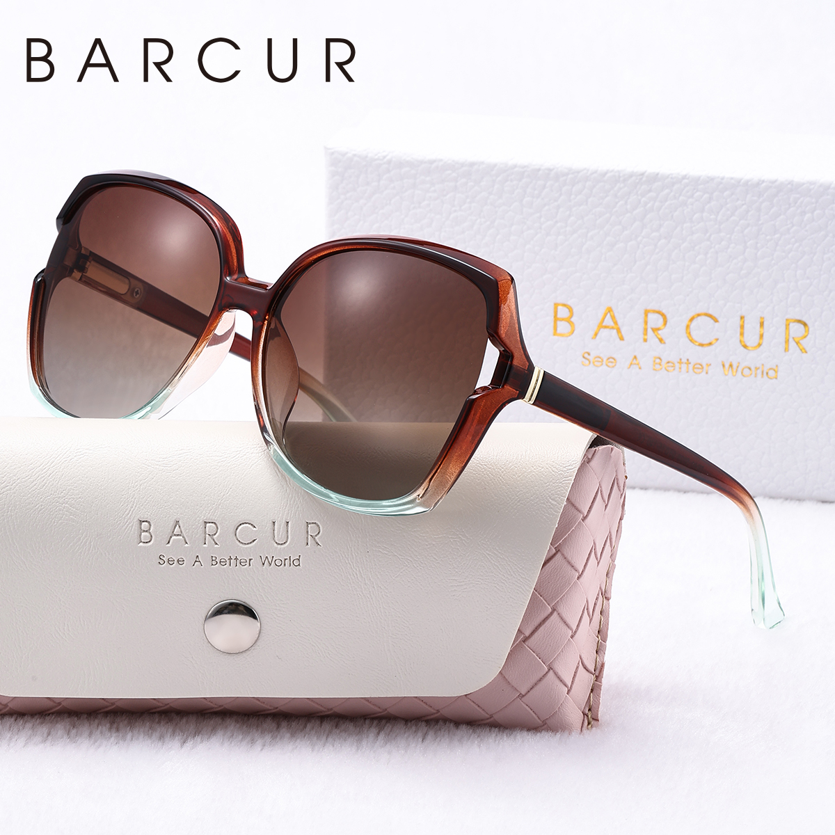 BARCUR mujer gafas de sol colores degradados PC elíptico marco grande UVA/B gafas de sol polarizadas paquete de caja de blanca: Castaño