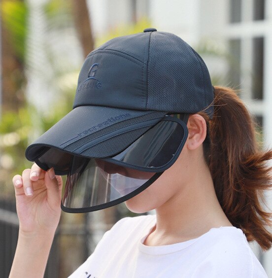 Sun Visors for Women Men Face Cover Protection Sun Shield Visor Hats Adjustable Long Visor Brim Face Shield Anti-Droplet Unisex: Navy Blue Black
