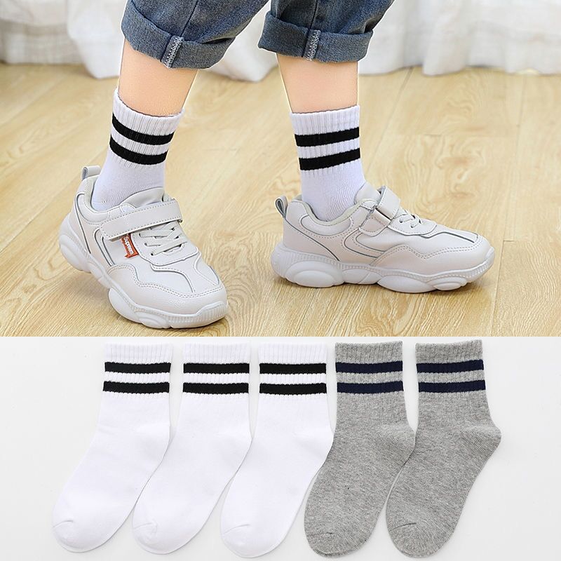 Chaussettes en coton respirantes pour enfants, 5 paires, bas de sport unisexe à rayures en coton de pour garçons et filles de 3 à 12 ans: 3bai2hei / M(3-5 years)
