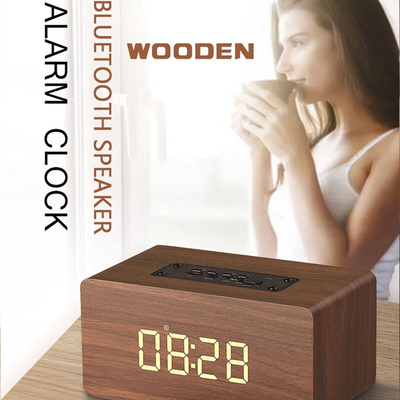 Houten Bluetooth Speaker Wekker Draadloze Draagbare HiFi Shock Bass Altavoz TF Soundbar MP3 Speaker FM Radio Microfoon