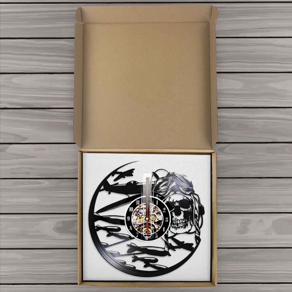 Skelet Pilot Silhouet Wandklok Suiker Schedel Vinyl Record Klok Vintage Home Decor 3D Muur Horloge Handgemaakte Beste Cadeau
