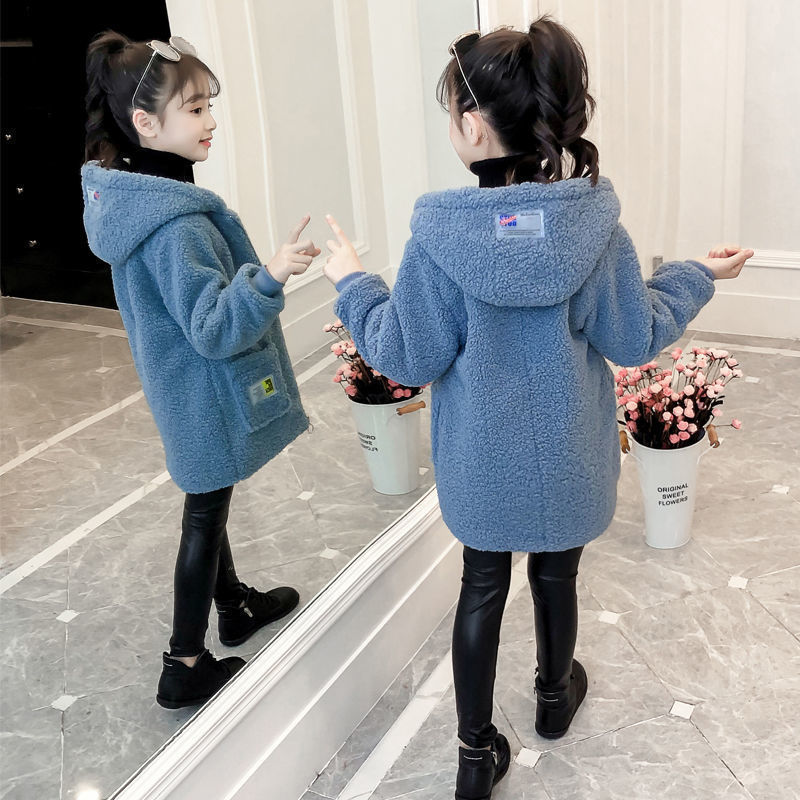 Fall Winter Kids Meisjes Pluche Uitloper Jassen Kleding Kinderen Hoodies Lam Pluizige Jas Tieners Dikke Warme Tops Rits Kleding: Blue / 140 (8-9T)