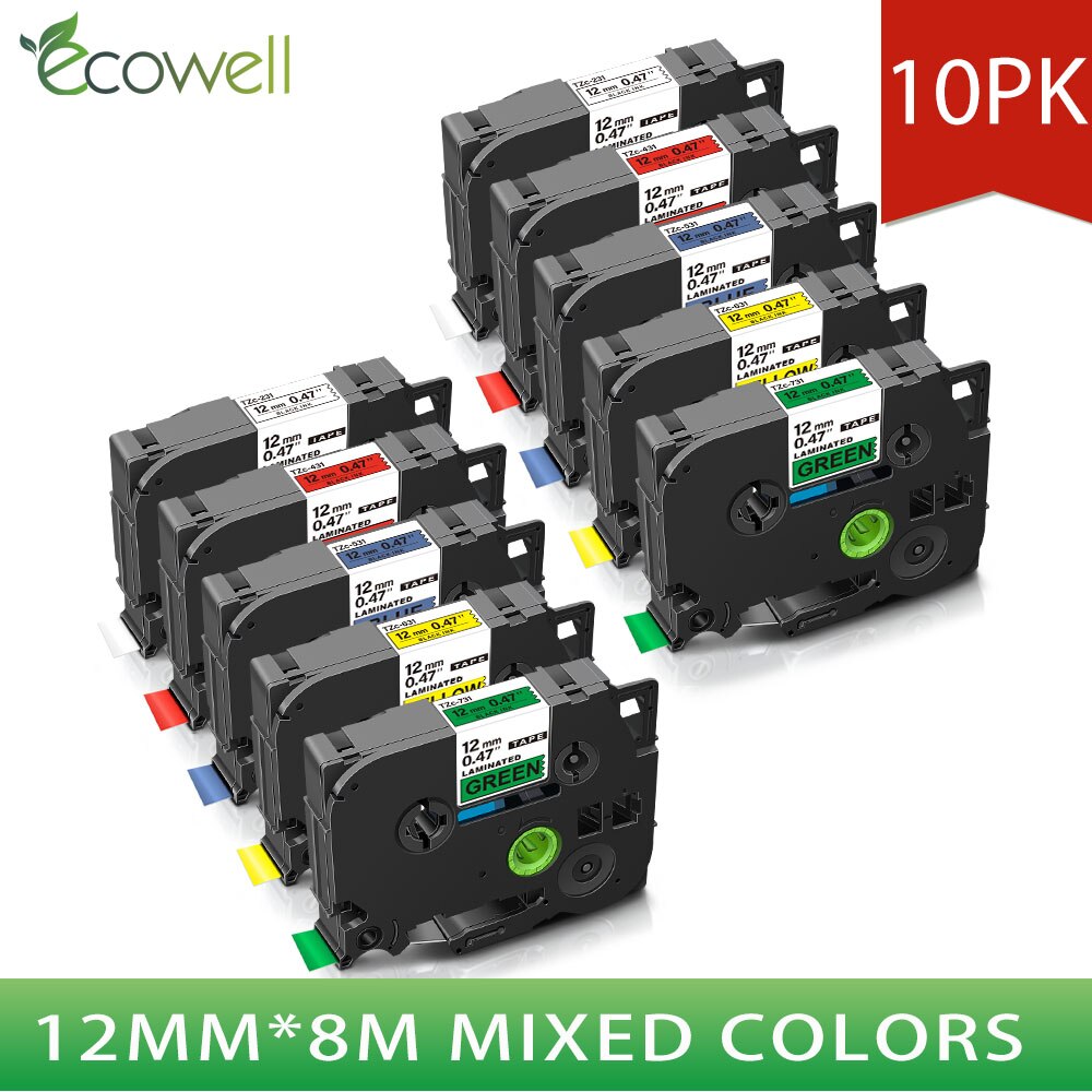 Ecowell 12mm Black on White TZe-231 TZe 231 Label Tapes Compatible for Brother p touch PT200 1000 D210 H110 E110 Label Printer: 10PK 5Multicolors