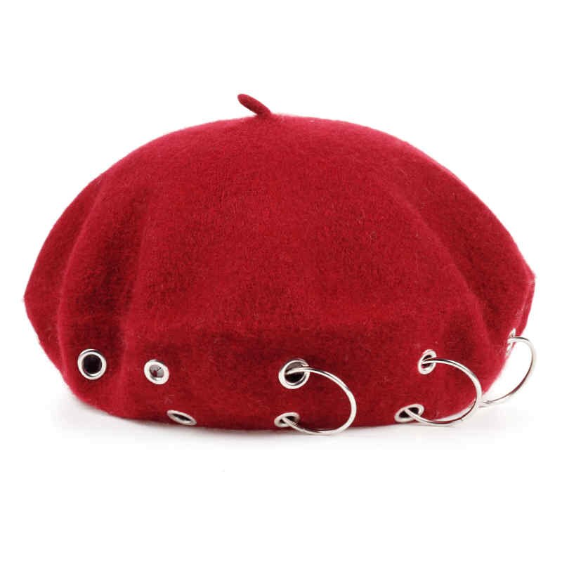 Gorros de invierno Harajuku, boinas de la oscuridad, estilo Punk Rock, boina con anillos de hierro, gorra de pintor de lana negra 17th-century, novedad de: Rojo