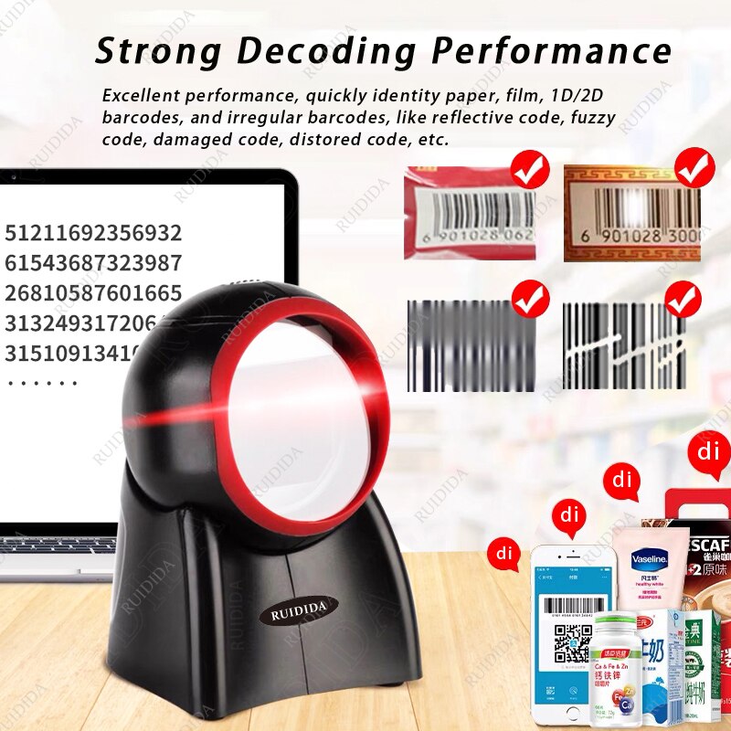 Platform Barcode Scanner 1D 2D Desktop Bar code Scanner Omnidirectional Hands-free Barcode Reader Kiosk Reader QR code PDF barra