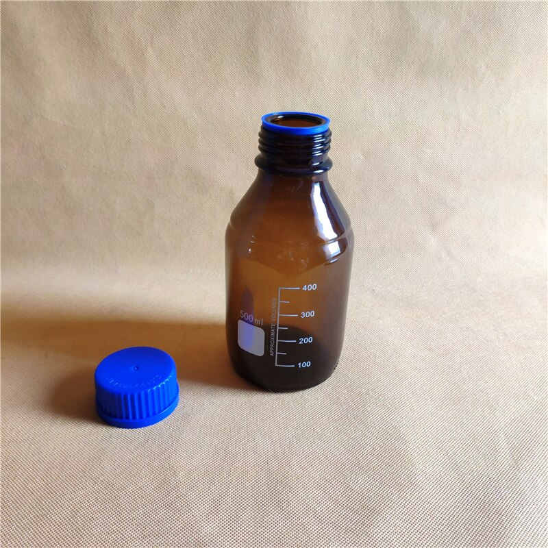 500ML Reagent Bottle,Amber Soda Glass,graduated storage bottles with GL45 blue screwcap,amber glass bottle