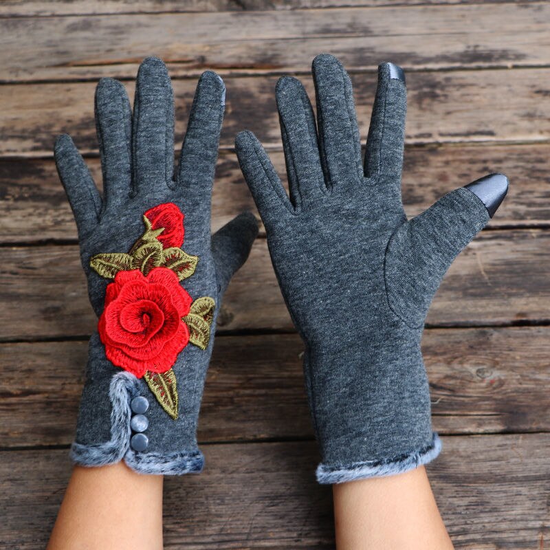 Punk Cotton Driving Fingerless Gloves For Women Gloves Winter Touch Screen Flowers Embroidery Gloves Autumn Winter