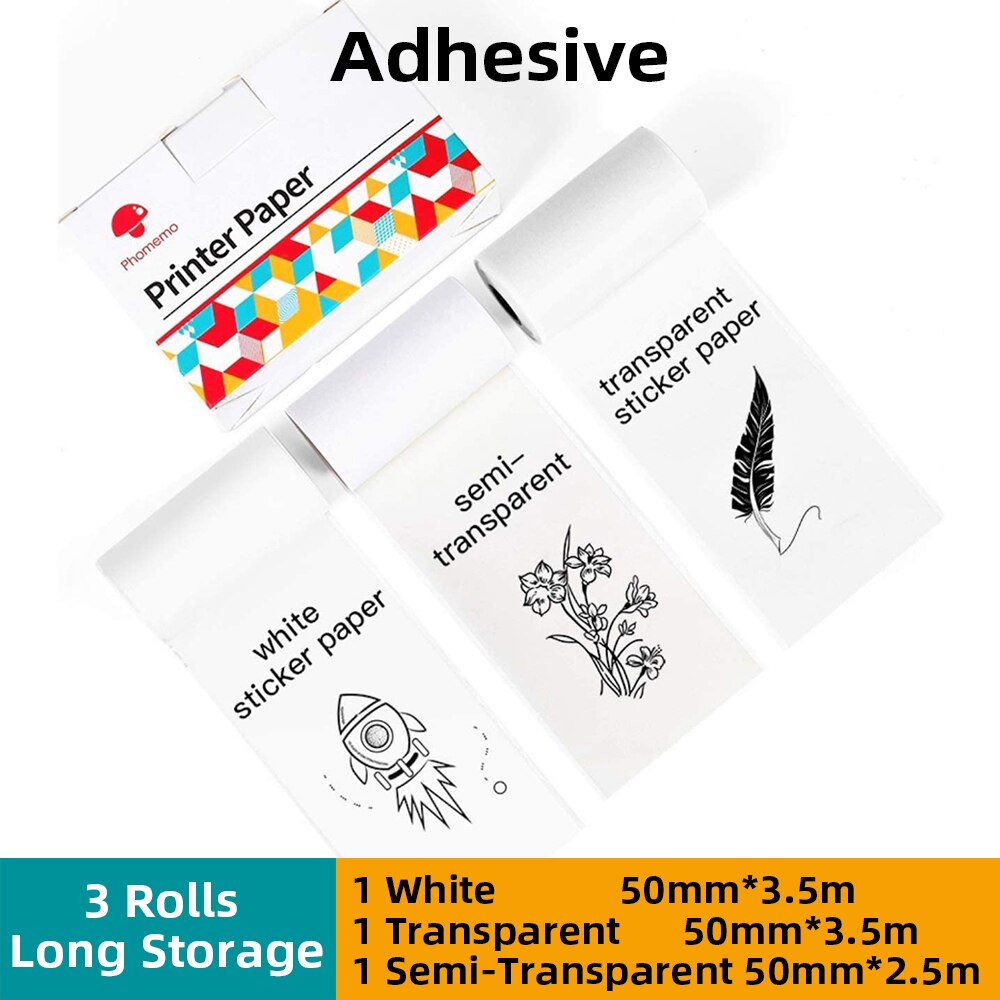 Papel Phomemo Sticky Thermisch Papier Printable Foto Papier Voor M02/M02S/M02Pro Mini Printer: White-Mix Trans