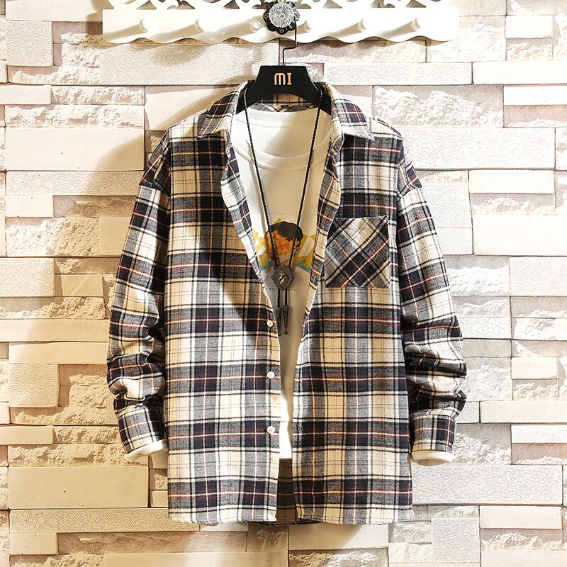 Brand Spring Autumn Long Sleeves Flannel Collar Korea STYLE Shirt For Men's Plaid Harajuku Clothing: TX08  4 / M FOR 160 CM 60KG