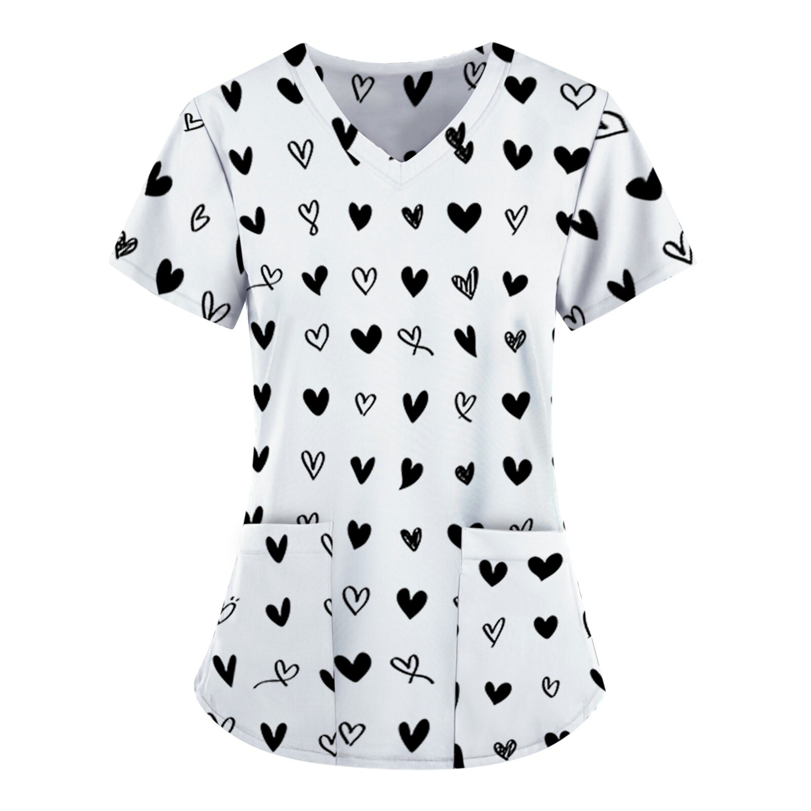 Vrouwen Werken Uniform Verpleging Scrubs Tops Leuke Valentijnsdag Liefde Pocket V-hals Korte Mouwen Losse Top Kostuum a50: BK / XXXL